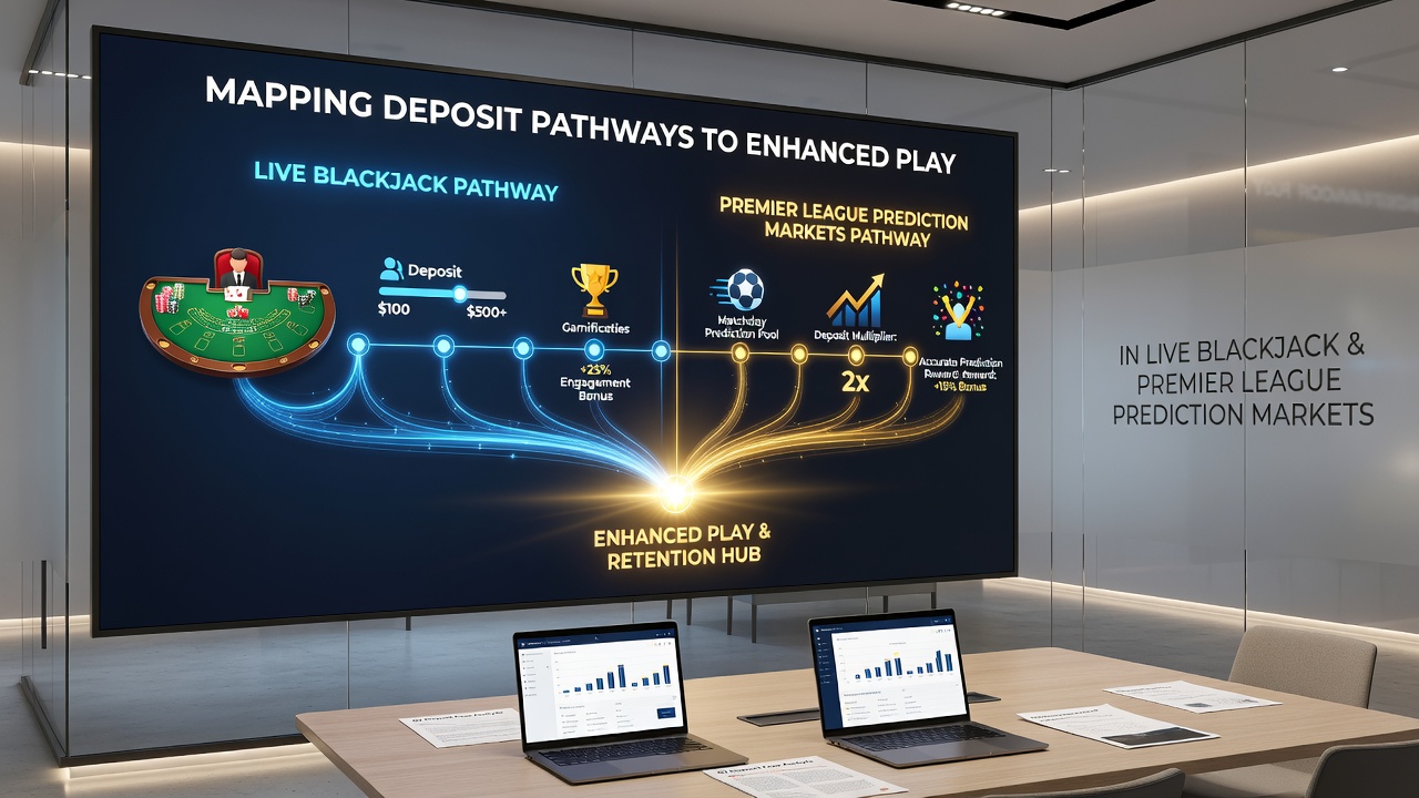 Flowchart illustrating how deposits flow into Premier League prediction market positions and blackjack side bets