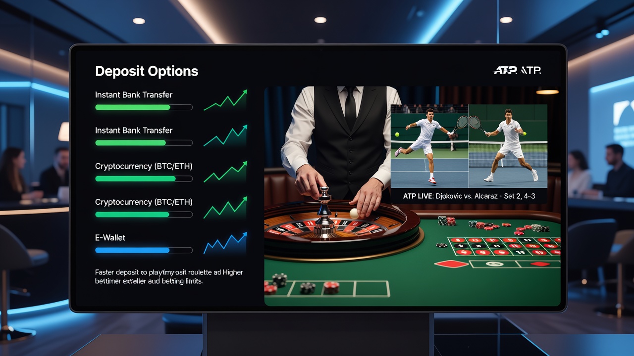 Live dealer roulette interface alongside ATP tennis match statistics and forecast tools